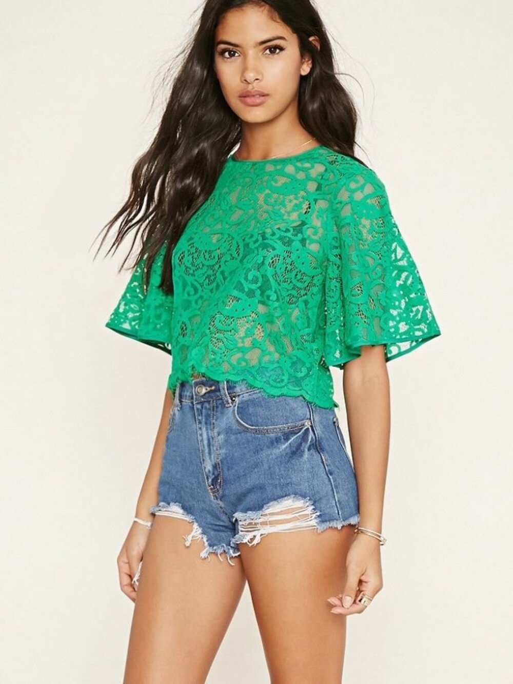 FOREVER 21 Green Scalloped Lace Top Small S